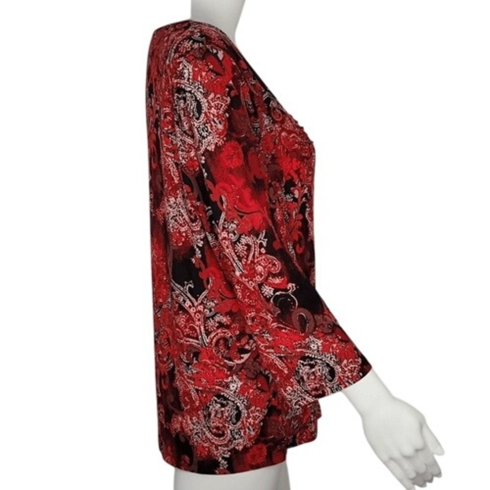 Dressbarn Red Print Ruched‎ Front Top - Picture 5 of 10